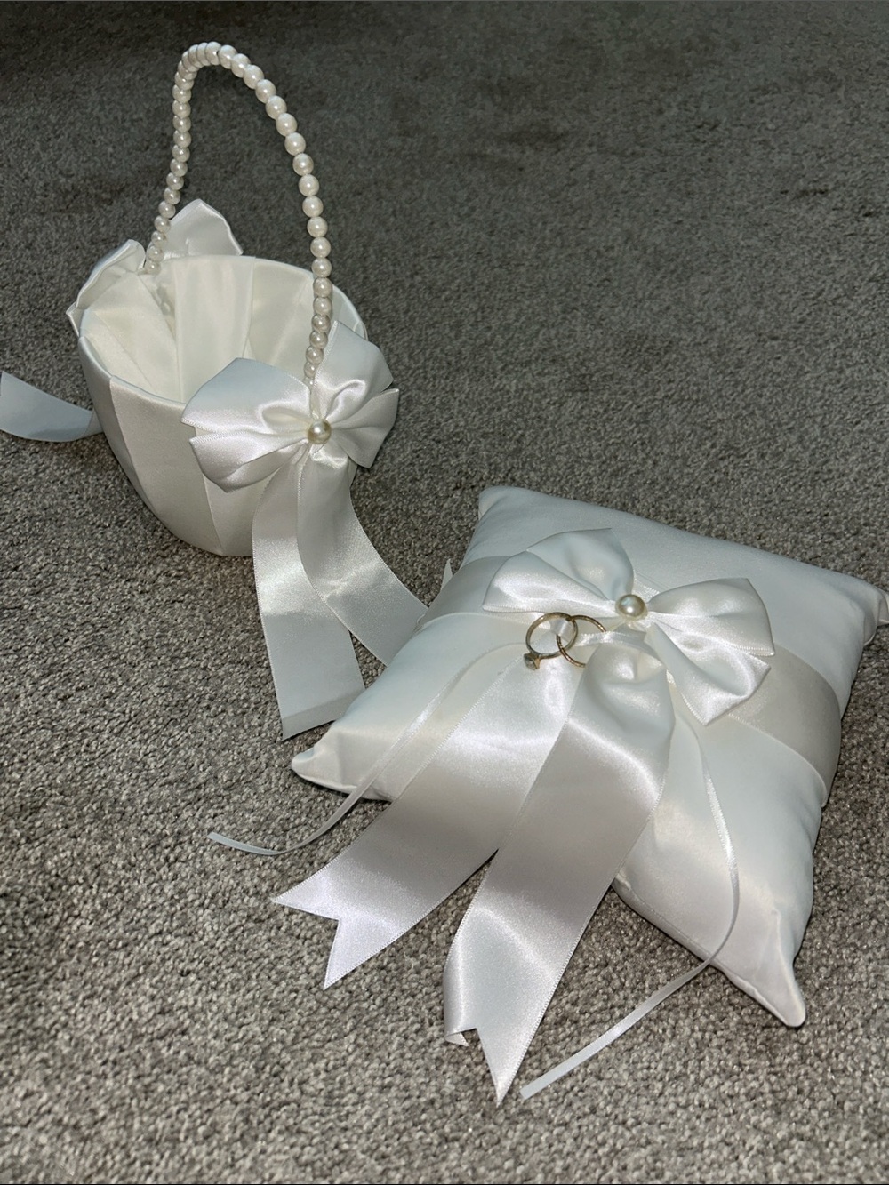 Wedding Ring Bearer Pillow and Flower Girl Basket Set - Ivory